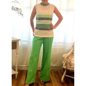 American Vintage 2PC Retro 60s 70s Mod Pant Set Green Geometric Funky SM